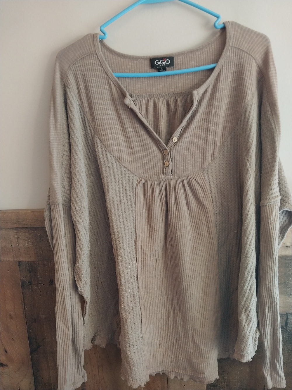 G.G.O. Taupe Ribbed Henley Blouse